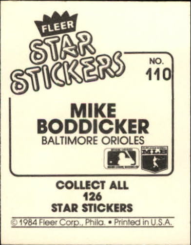 1984 Fleer Stickers #110 Mike Boddicker back image