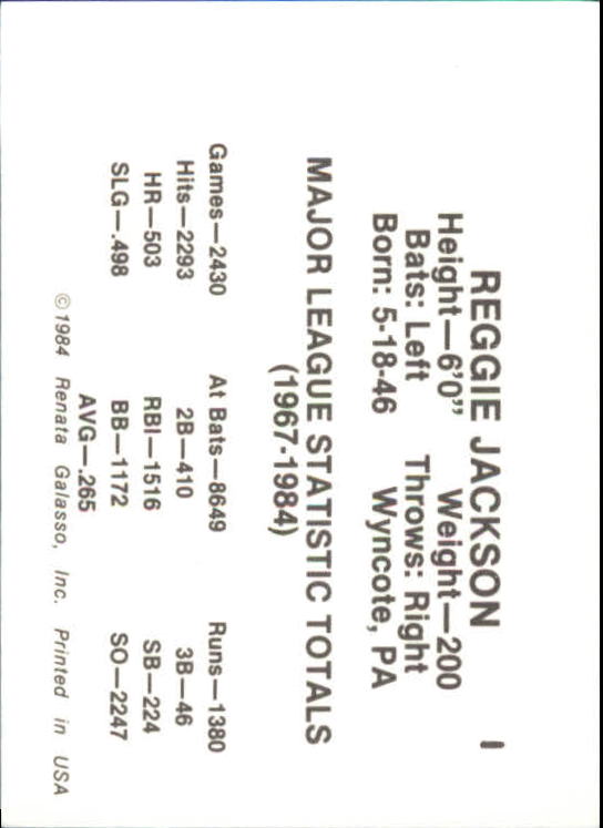 1984 Galasso Reggie Jackson Mini #1 Reggie Jackson/(Stat Card) back image