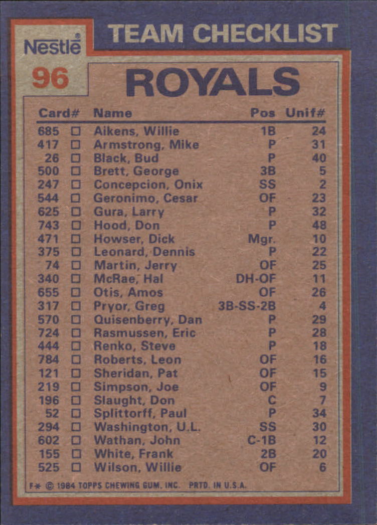 1984 Nestle 792 #96 Kansas City Royals TL/Hal McRae/Larry Gura/(Che back image