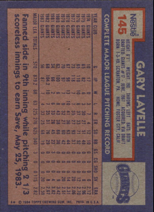 1984 Nestle 792 #145 Gary Lavelle back image