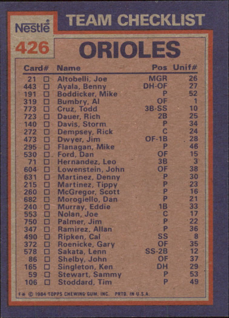 1984 Nestle 792 #426 Orioles TL/Cal Ripken back image
