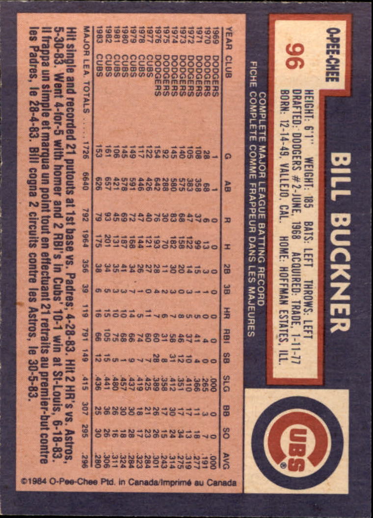 1984 O-Pee-Chee #96 Bill Buckner back image