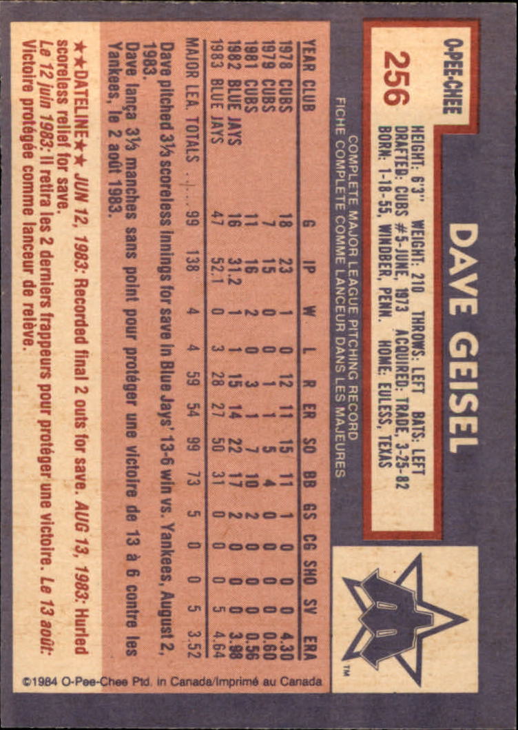 1984 O-Pee-Chee #256 Dave Geisel/Now with Mariners back image