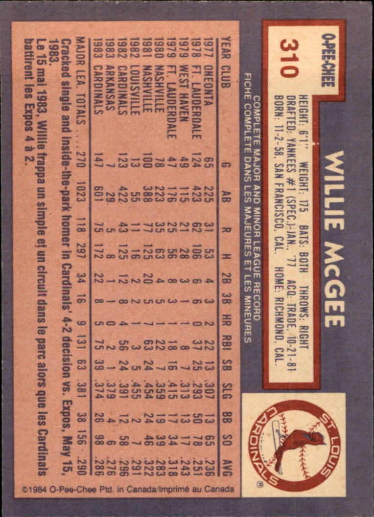 1984 O-Pee-Chee #310 Willie McGee back image