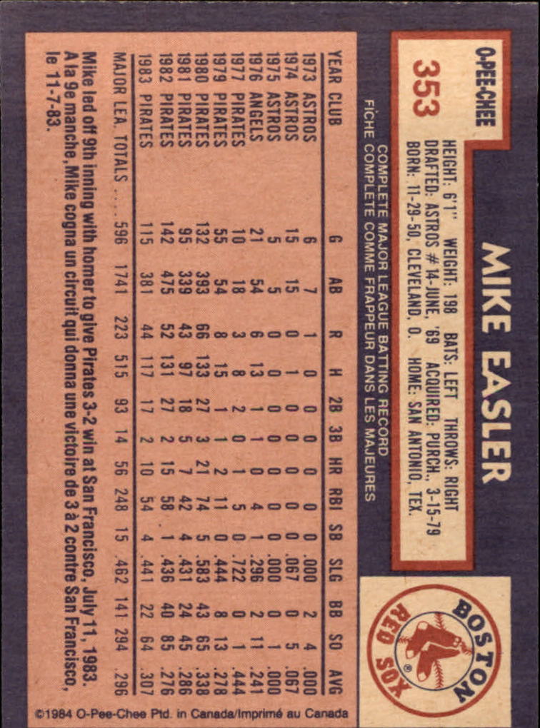 1984 O-Pee-Chee #353 Mike Easler/Now with Red Sox back image