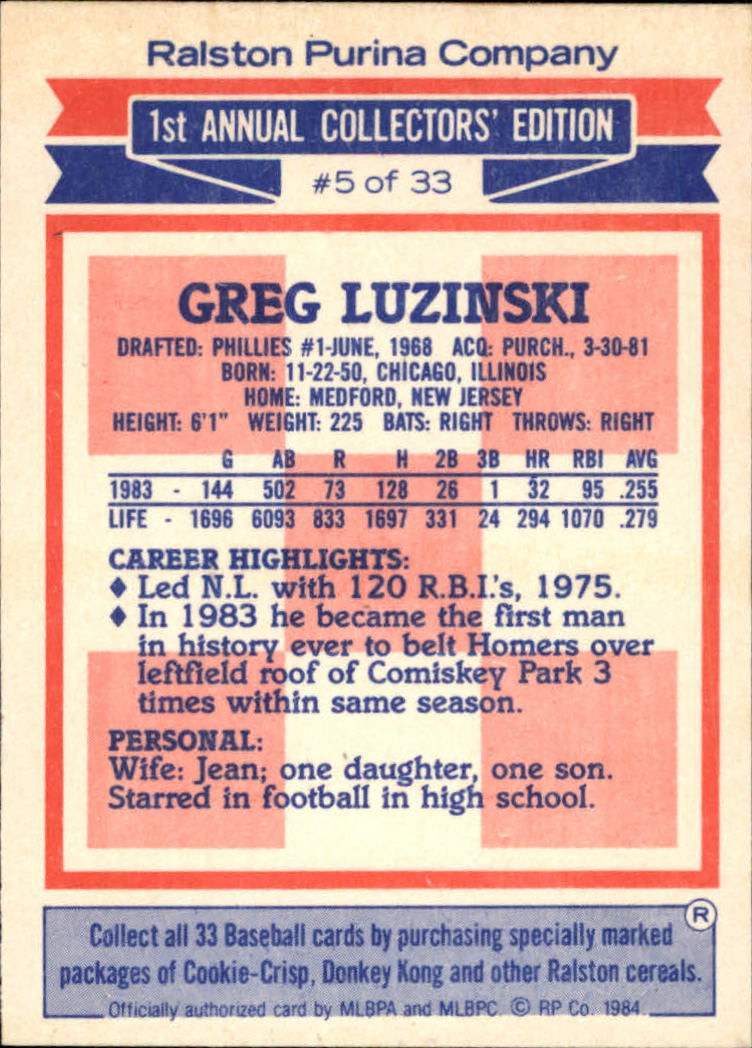 1984 TOPPS RALSTON PURINA GREG LUZINSKI CHICAGO WHITE SOX #5