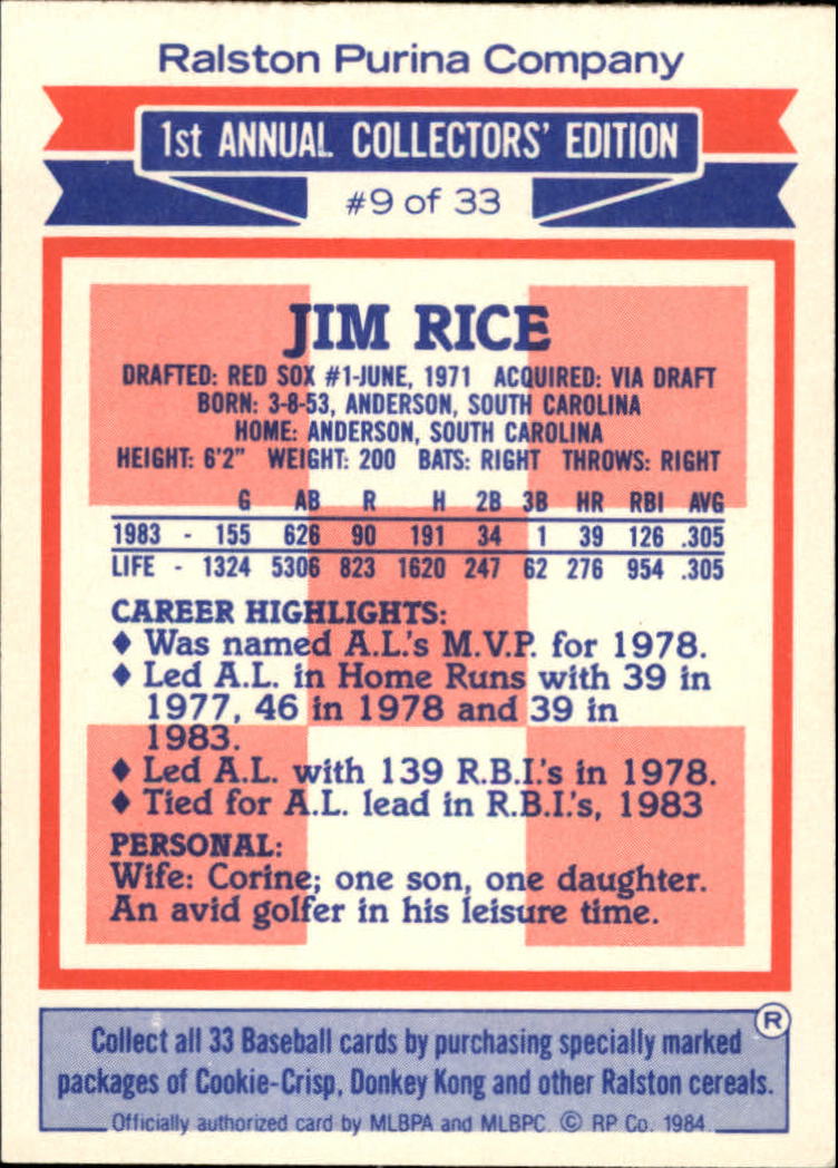 1984 Ralston Purina #9 Jim Rice back image