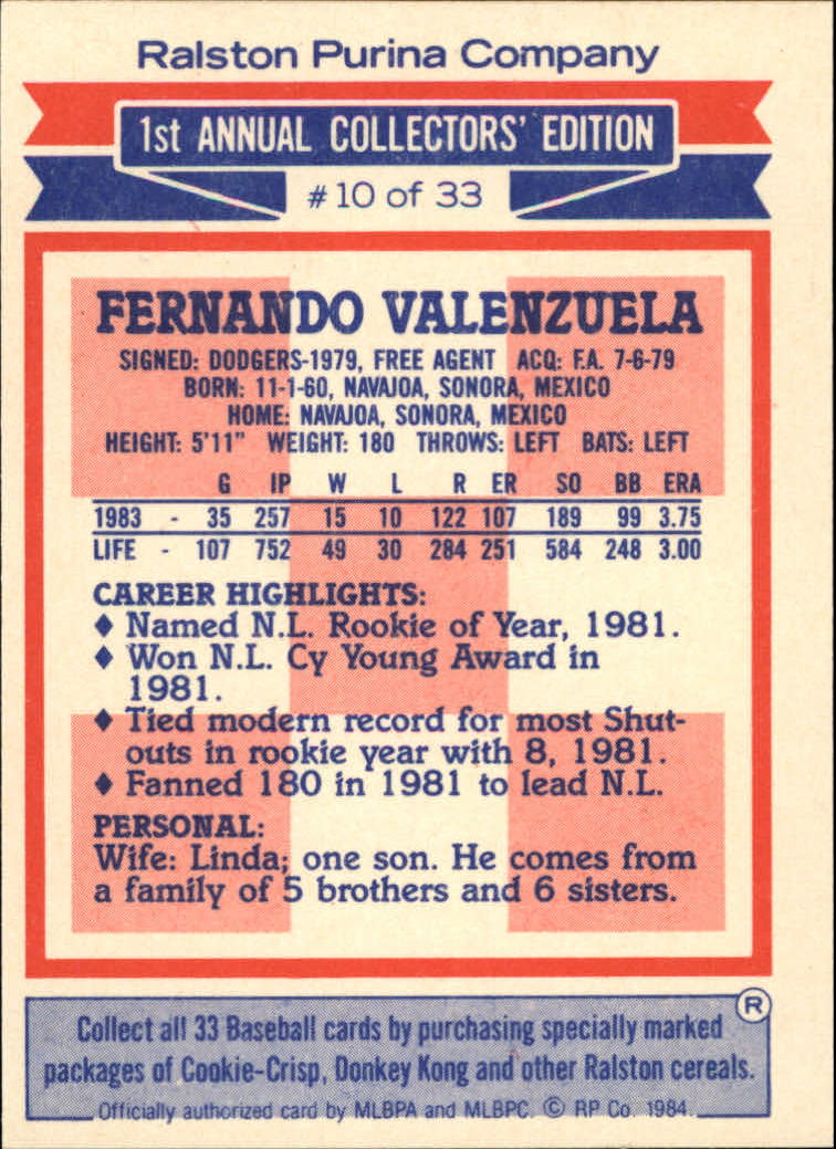 1984 Ralston Purina #10 Fernando Valenzuela back image
