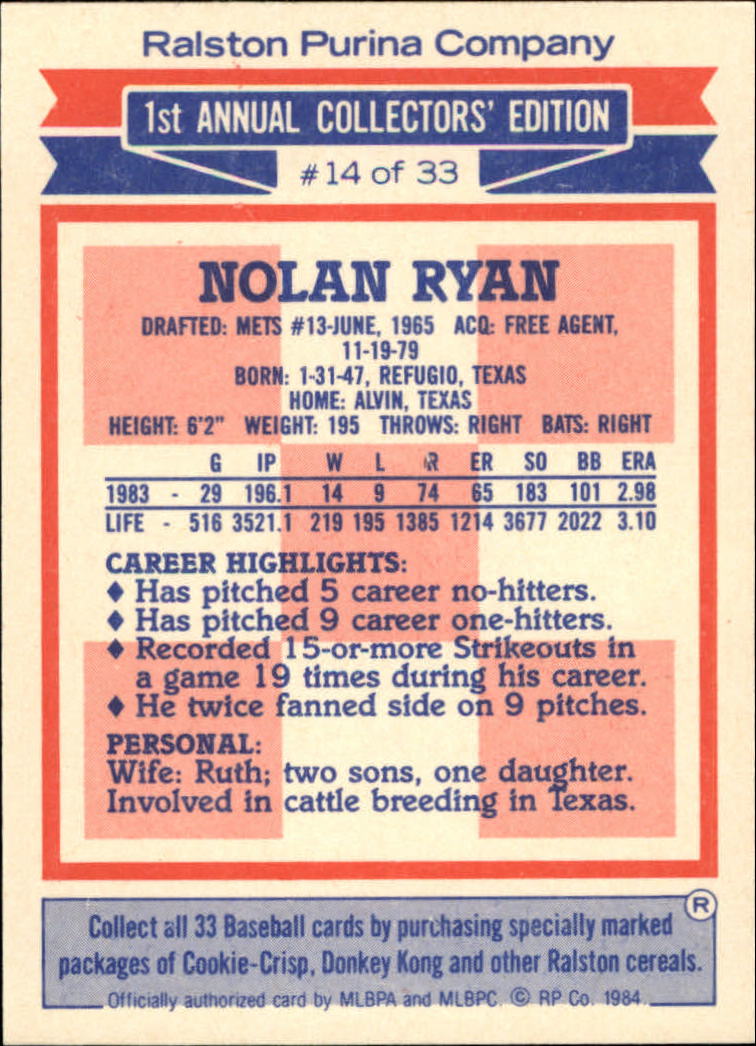 1984 Ralston Purina #14 Nolan Ryan back image