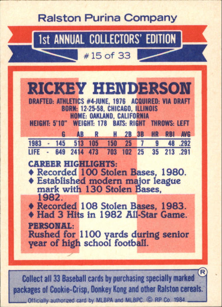1984 Ralston Purina #15 Rickey Henderson back image