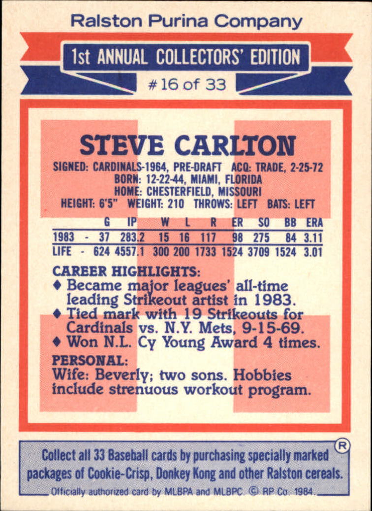 1984 Ralston Purina #16 Steve Carlton - NM-MT - THE COLLECTOR'S FRIEND
