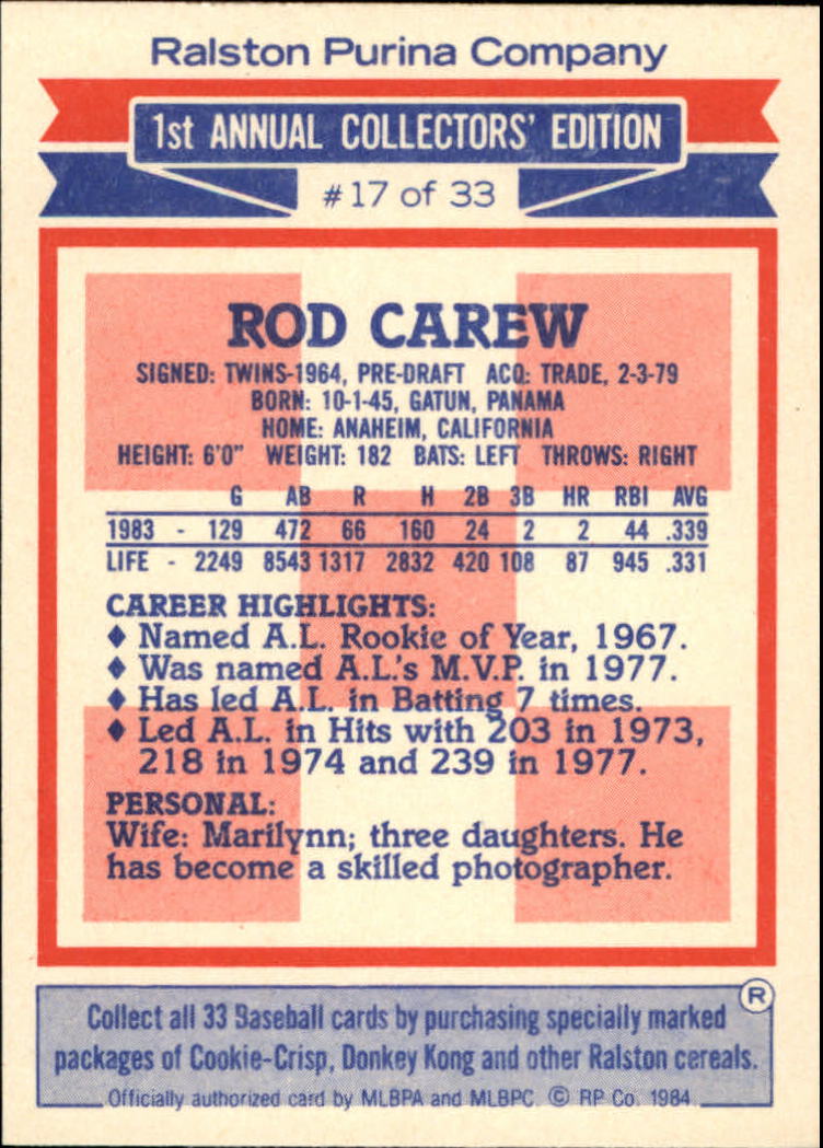 1984 Ralston Purina #17 Rod Carew - NM-MT - THE COLLECTOR'S FRIEND