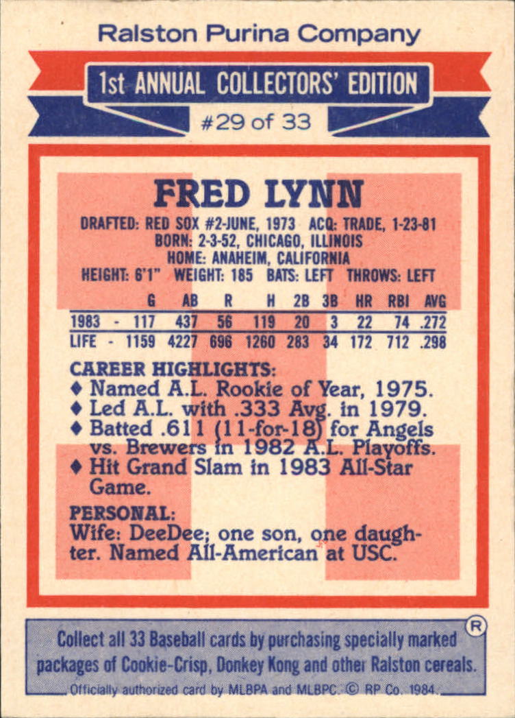 1984 Ralston Purina #29 Fred Lynn back image