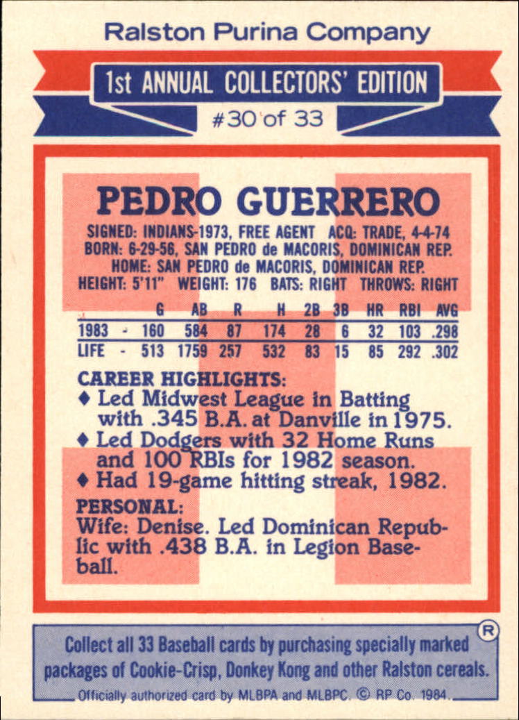 1984 Ralston Purina #30 Pedro Guerrero - NM-MT - THE COLLECTOR'S