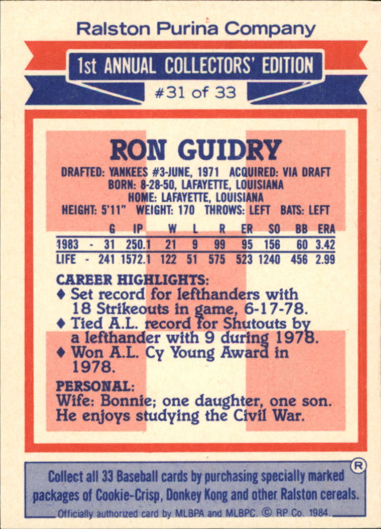 1984 Ralston Purina #31 Ron Guidry - NM-MT