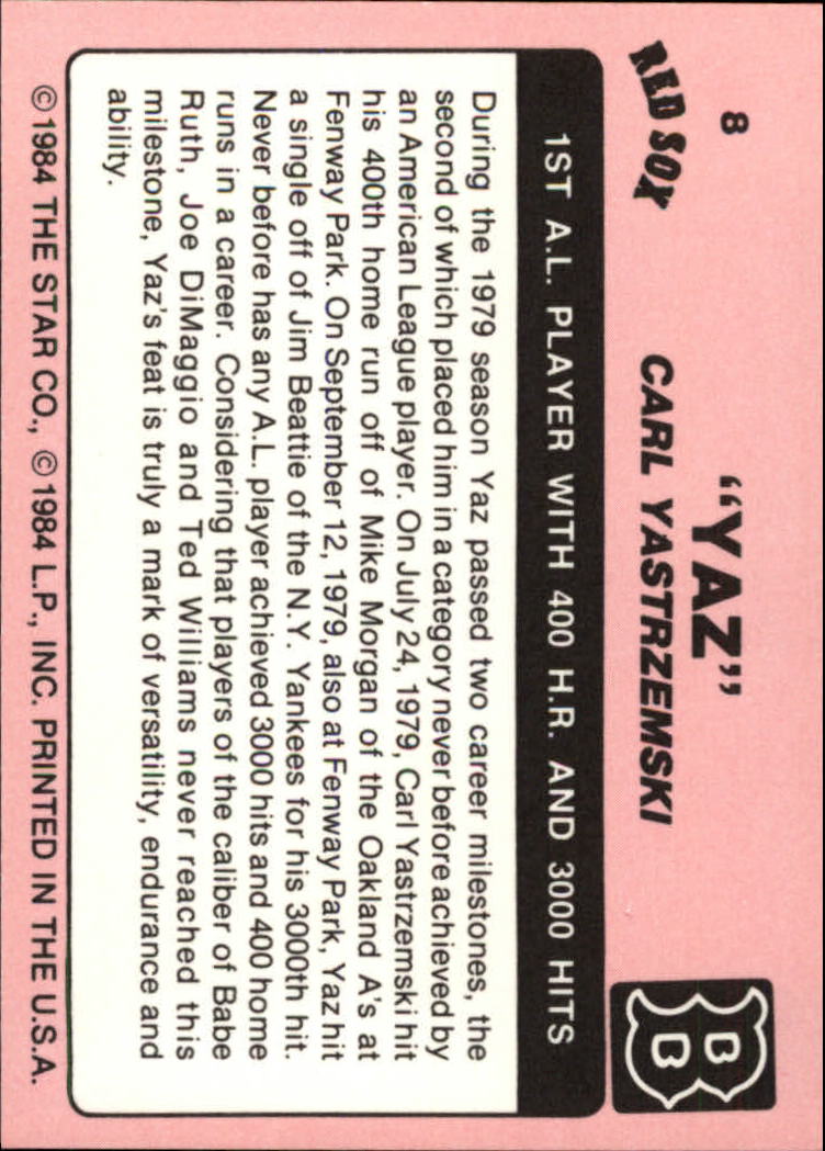 1984 Star Yastrzemski #8 Carl Yastrzemski/400 Homers and 3000 Hits back image