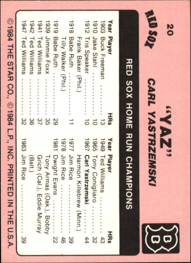 1984 Star Yastrzemski #20 Carl Yastrzemski/Red Sox Home Run Champions back image