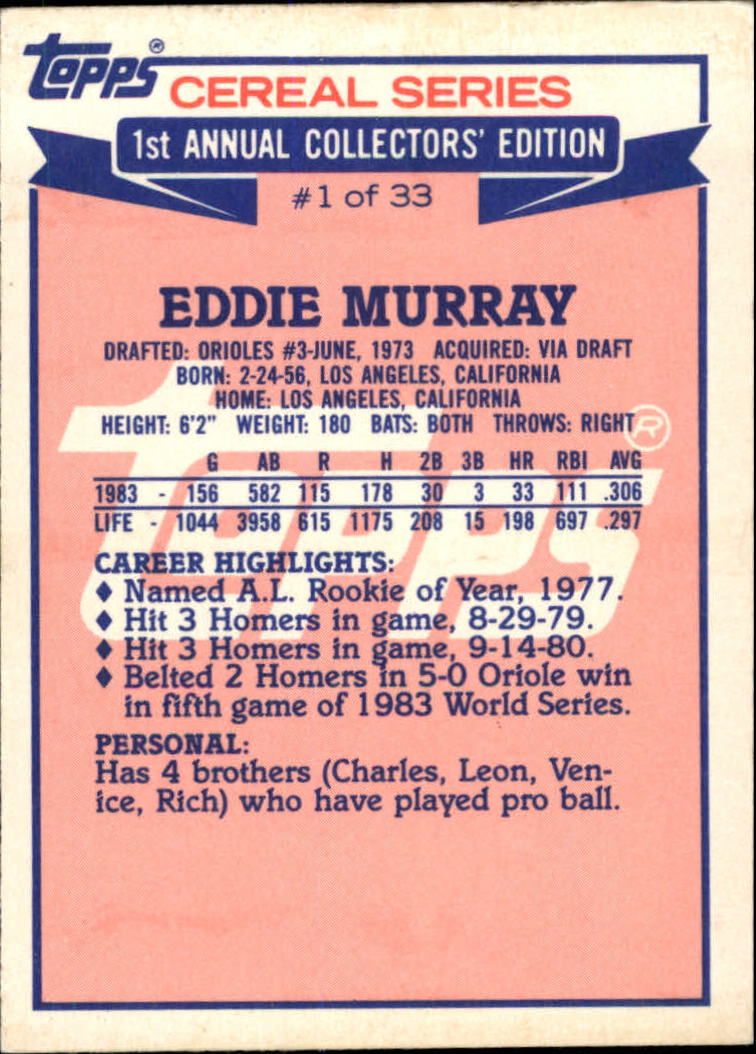 1984 Topps Cereal #1 Eddie Murray back image