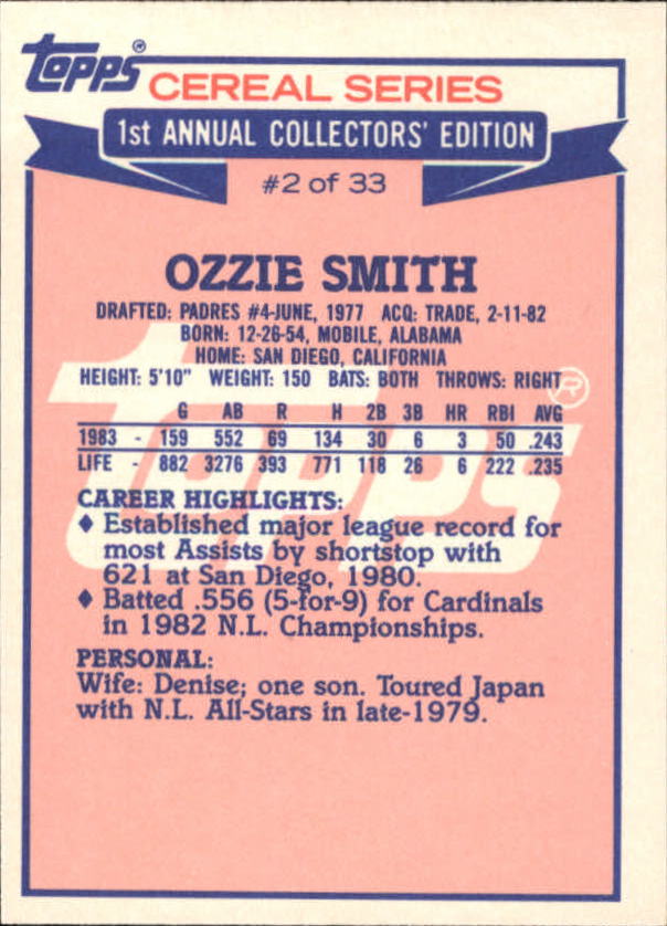 1984 Topps Cereal #2 Ozzie Smith back image