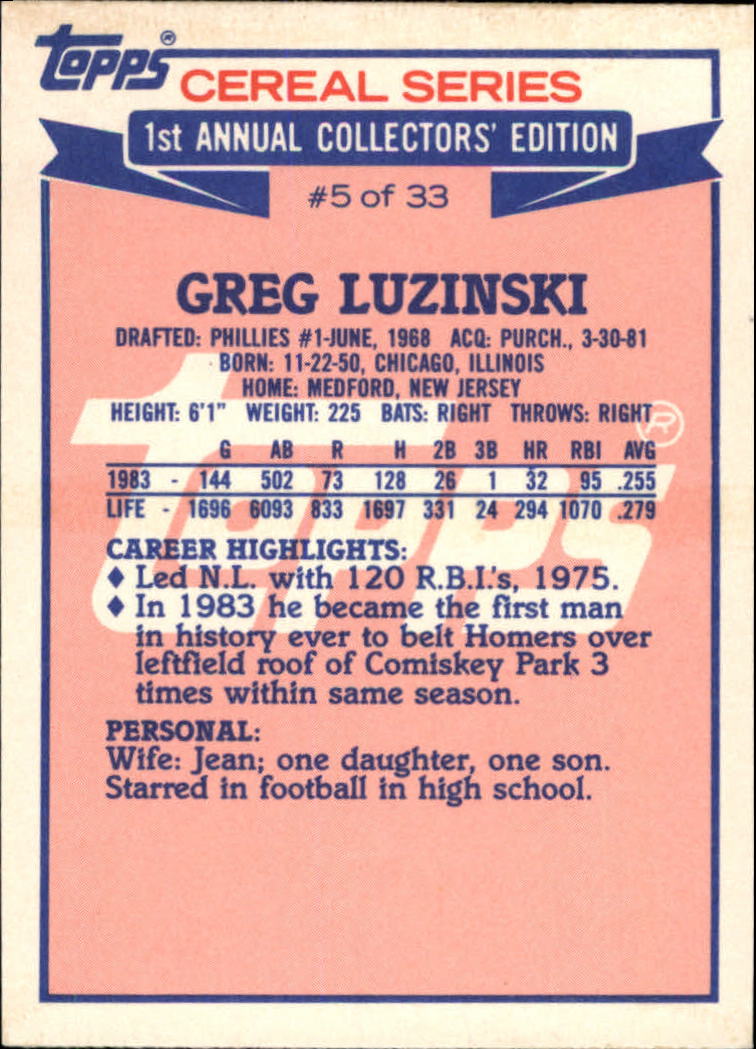 1984 Topps Cereal #5 Greg Luzinski - NM-MT - Southpaw Cards