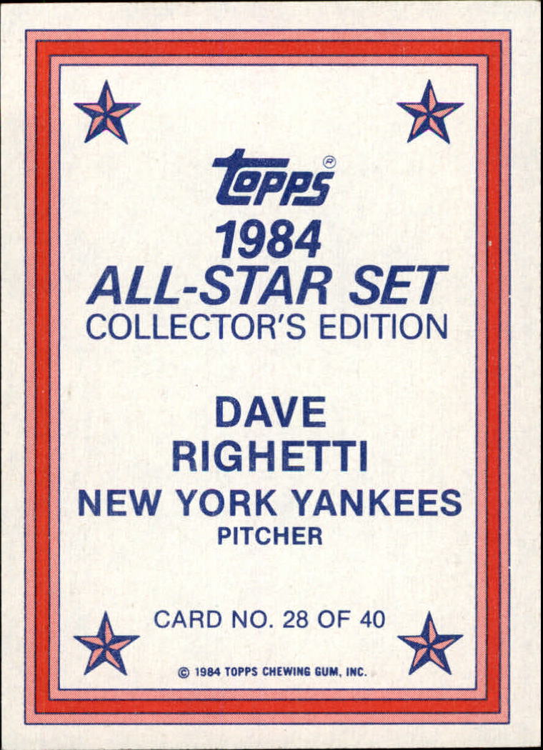 1984 Topps Glossy Send-Ins #28 Dave Righetti back image