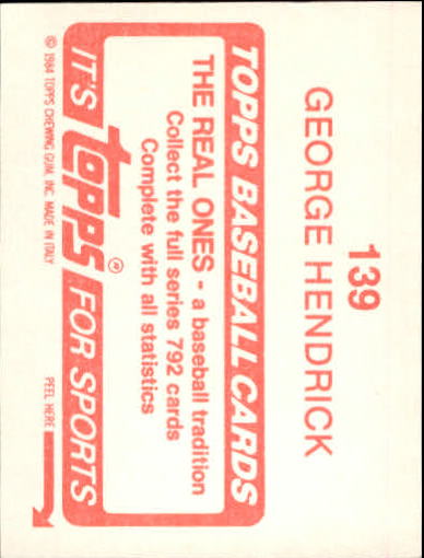 1984 Topps Stickers #139 George Hendrick back image