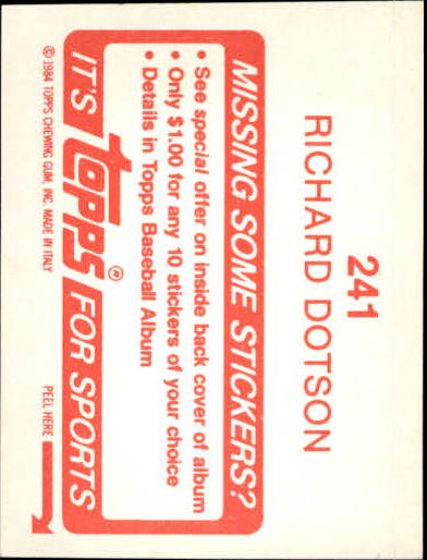 1984 Topps Stickers #241 Richard Dotson back image