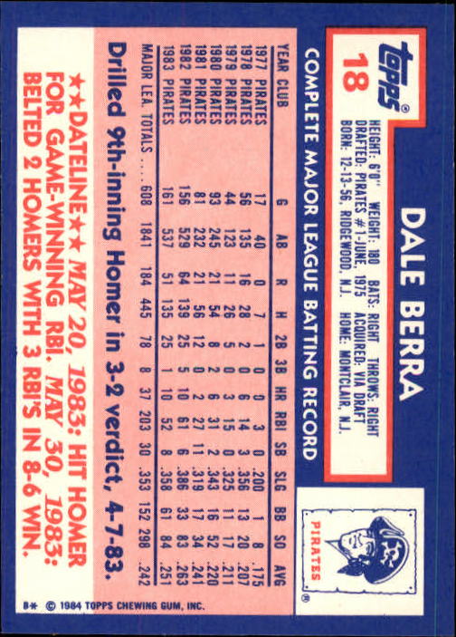 1984 Topps Tiffany #18 Dale Berra back image