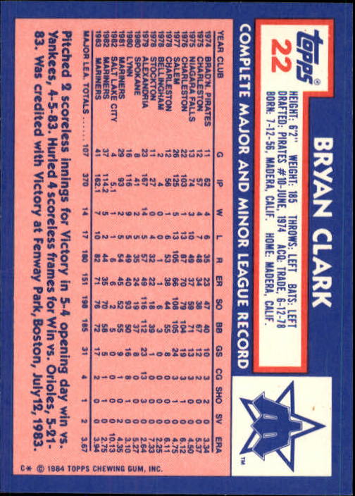 1984 Topps Tiffany #22 Bryan Clark back image