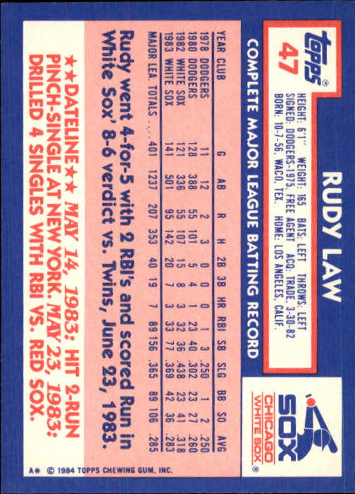 1984 Topps Tiffany #47 Rudy Law back image