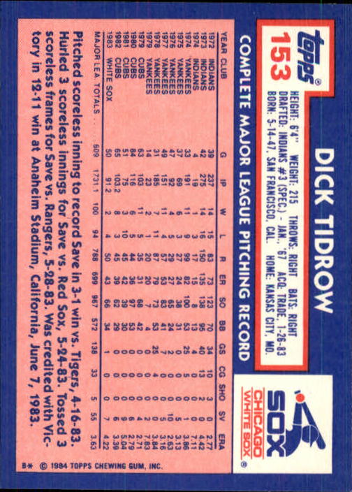 1984 Topps Tiffany #153 Dick Tidrow back image