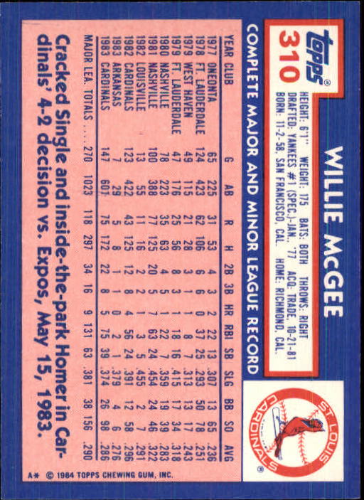 1984 Topps Tiffany #310 Willie McGee back image