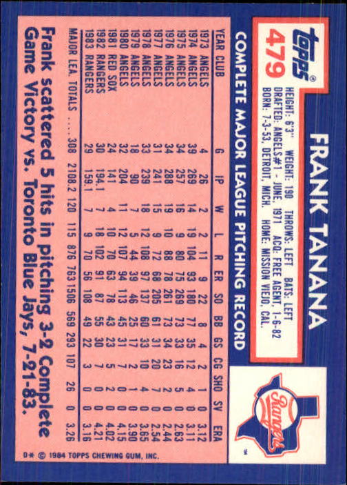 1984 Topps Tiffany #479 Frank Tanana back image