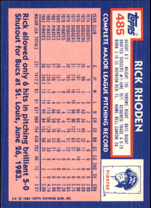 1984 Topps Tiffany #485 Rick Rhoden back image