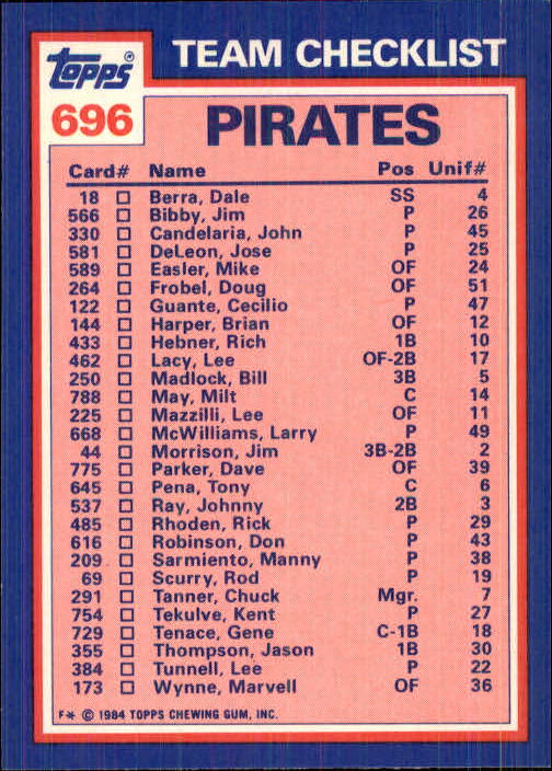 1984 Topps Tiffany #696 Pirates TL/Bill Madlock/Rick Rhoden/(Checklist back image