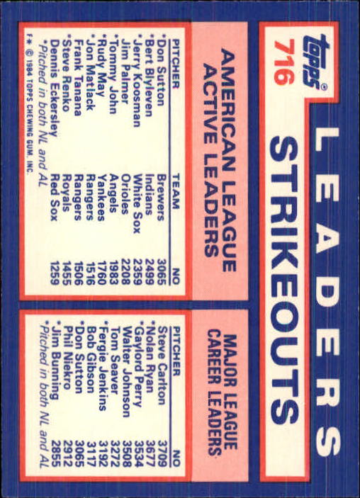 1984 Topps Tiffany #716 AL Active Strikeout/Don Sutton/Bert Blyleven/Je back image