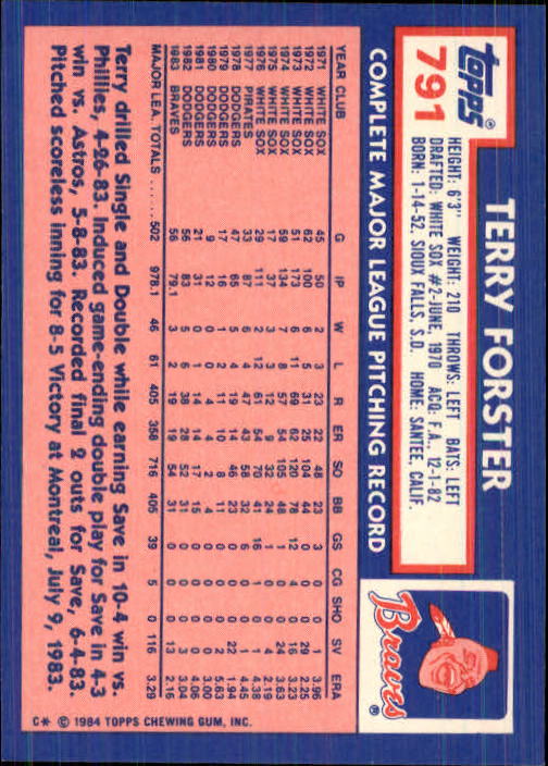 1984 Topps Tiffany #791 Terry Forster back image