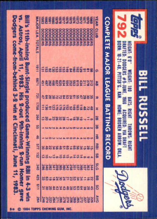 1984 Topps Tiffany #792 Bill Russell back image