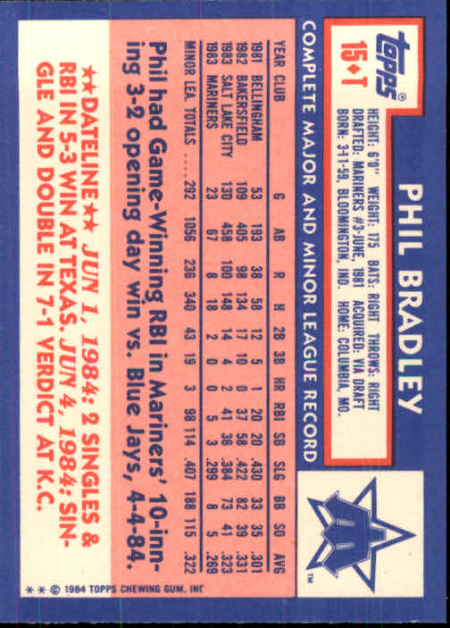 1984 Topps Traded #15T Phil Bradley XRC back image