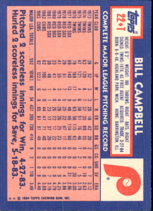 1984 Topps Traded #22T Bill Campbell back image