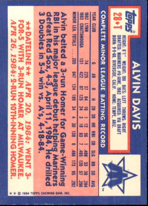 1984 Topps Traded #28T Alvin Davis XRC back image