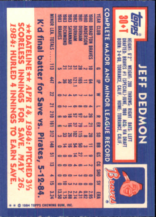 1984 Topps Traded #30T Jeff Dedmon XRC back image