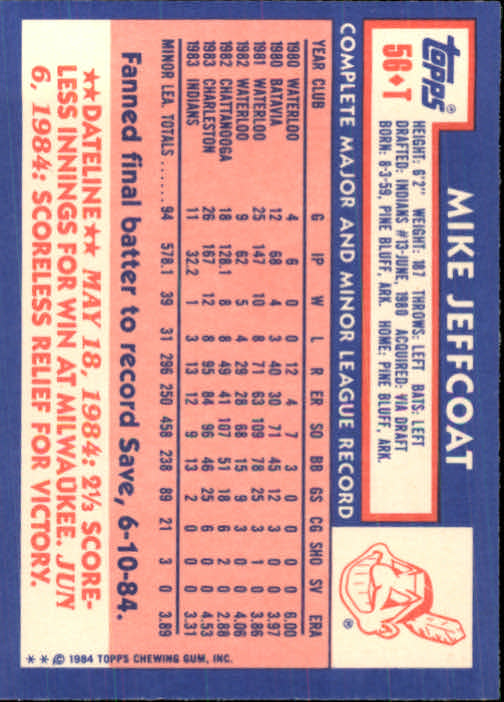 1984 Topps Traded #56T Mike Jeffcoat XRC back image