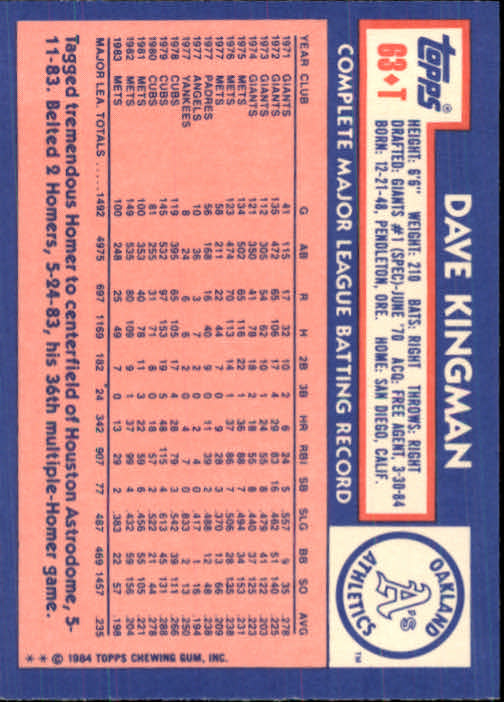B1179- 1984 Topps Traded BB Card #s 1-132 +Rookies -You Pick- 15+ FREE US SHIP - Picture 107 of 223