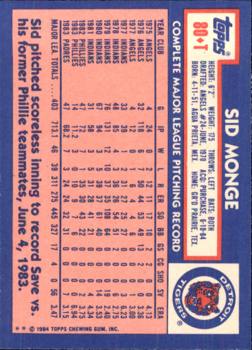 1984 Topps Traded #80T Sid Monge back image