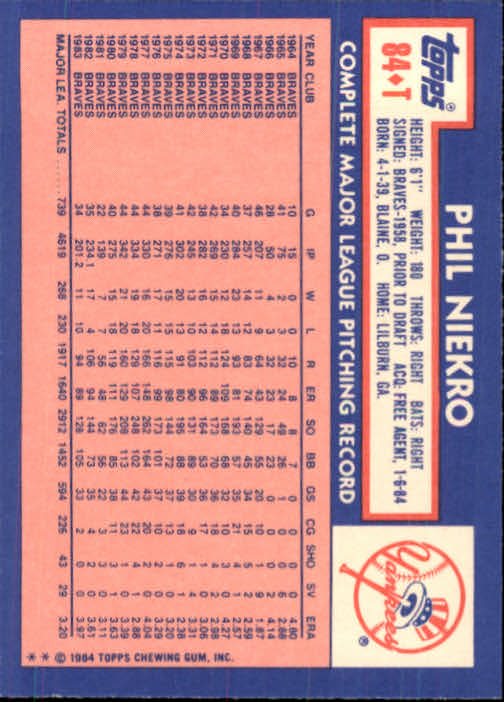 1984 Topps Traded #84T Phil Niekro back image