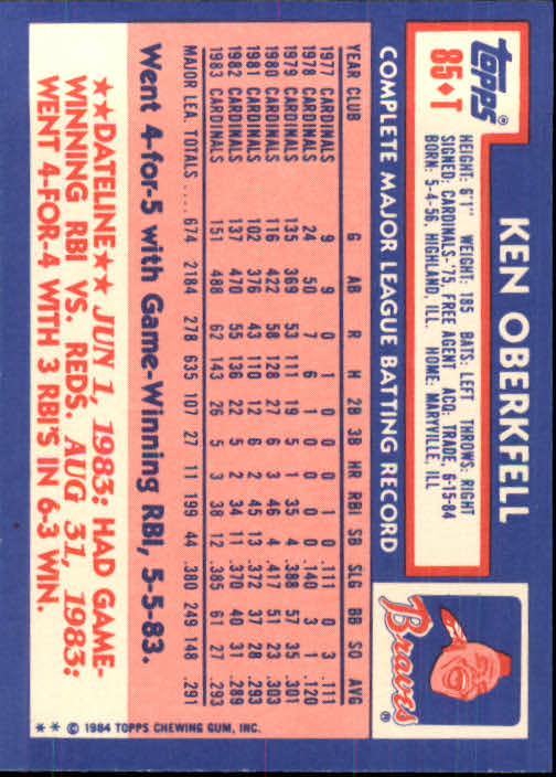 1984 Topps Traded #85T Ken Oberkfell back image