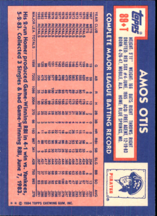 1984 Topps Traded #89T Amos Otis back image
