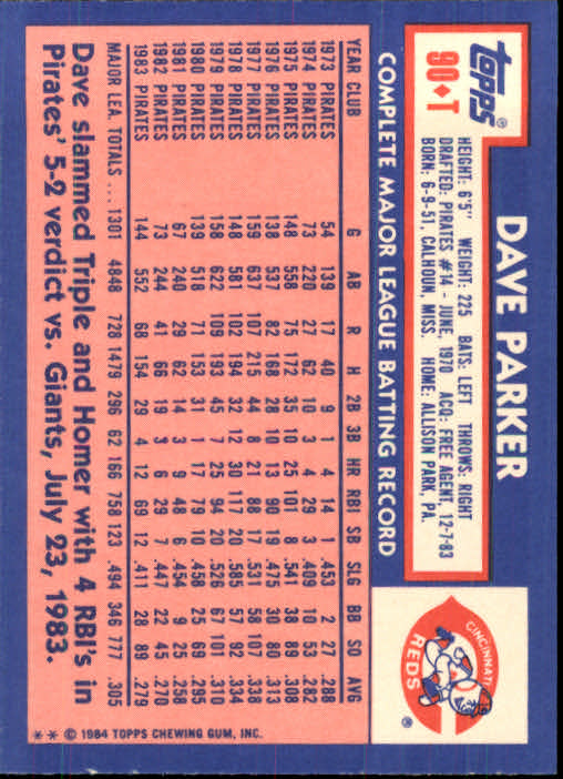 1984 Topps Traded #90T Dave Parker back image
