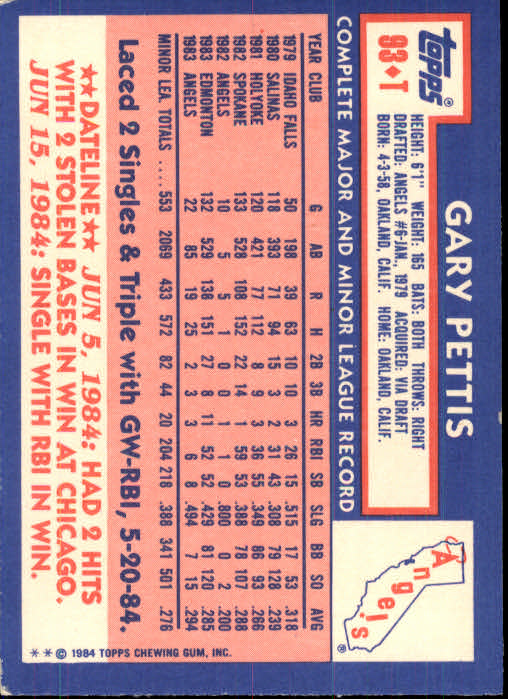 1984 Topps Traded #93T Gary Pettis XRC back image